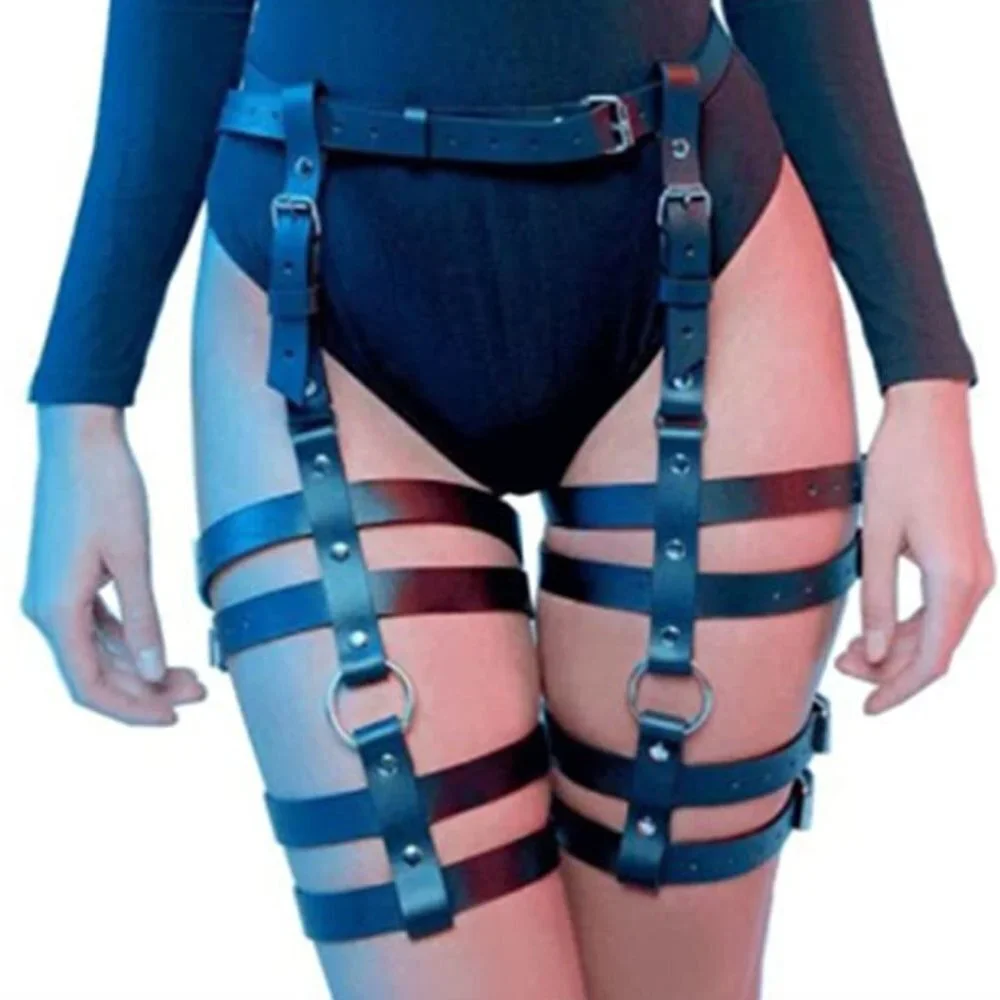 Black Faux Leather Silver Bondage Rave Leg Belt‎ Cage Harness Body Jewelry